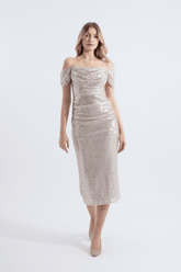 Gwen | Sequined Sheer Strap Midi Pencil Evening Dress